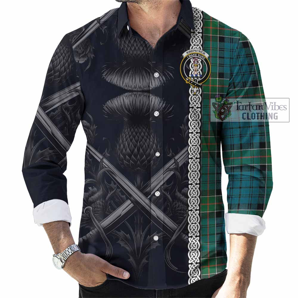 Tartan Vibes Clothing Kirkpatrick Tartan Long Sleeve Button Shirt with Family Crest Cross Sword Thistle Celtic Vibes