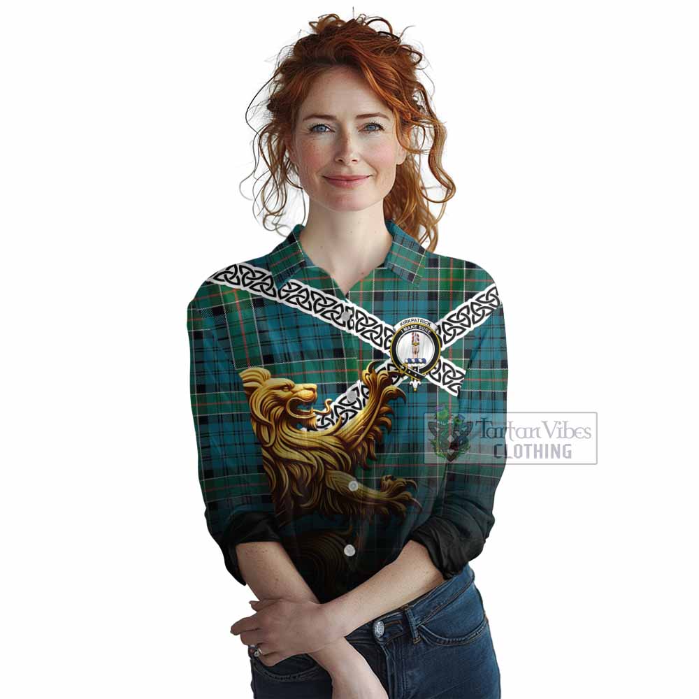 Tartan Vibes Clothing Kirkpatrick Crest Tartan Women's Casual Shirt with Golden Lion Emblem Celtic Style