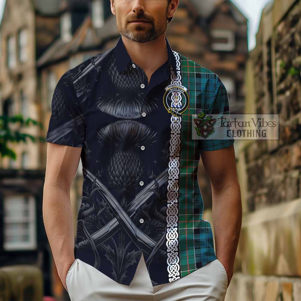 Tartan Vibes Clothing Kirkpatrick Tartan Short Sleeve Button Shirt with Family Crest Cross Sword Thistle Celtic Vibes