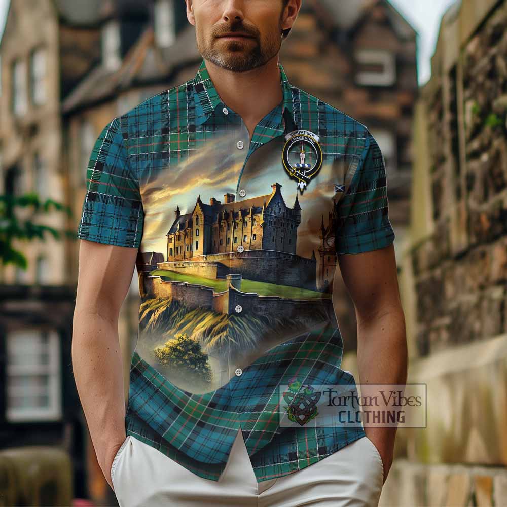 Tartan Vibes Clothing Kirkpatrick Tartan Family Crest Short Sleeve Button Shirt with Scottish Ancient Castle Style