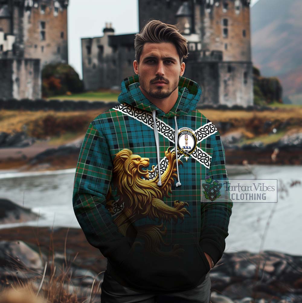 Tartan Vibes Clothing Kirkpatrick Crest Tartan Cotton Hoodie with Golden Lion Emblem Celtic Style