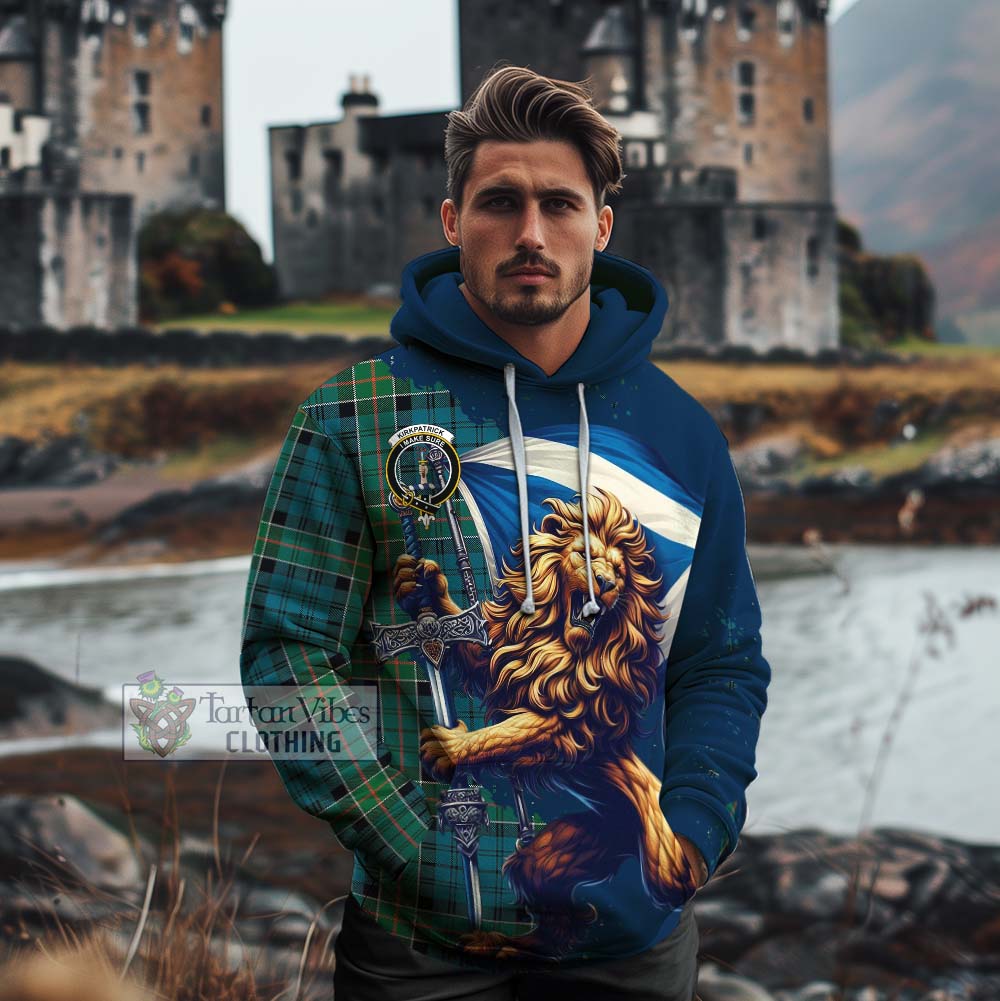 Tartan Vibes Clothing Kirkpatrick Tartan Family Crest Cotton Hoodie with Scottish Majestic Lion