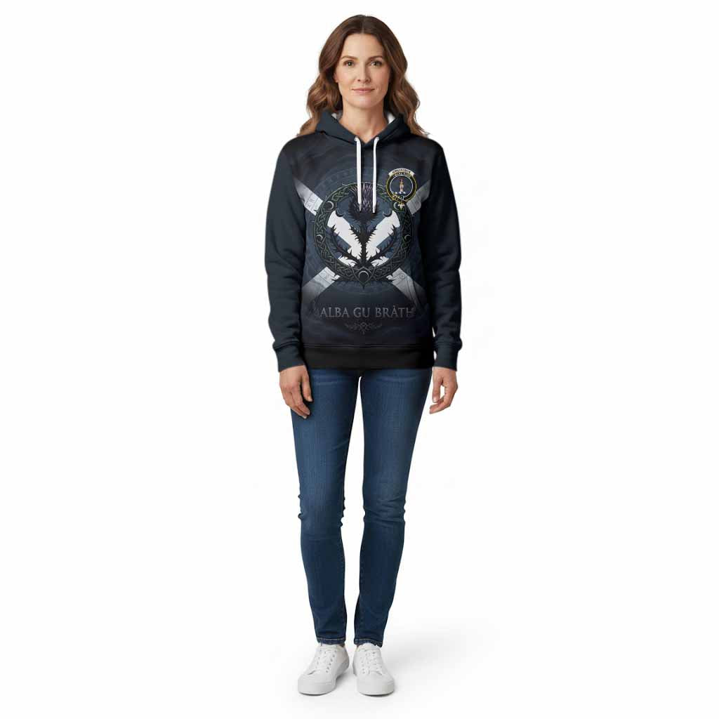Kirkpatrick Clan Crest Cotton Hoodie with Celtic Knot Thistle and Saltire