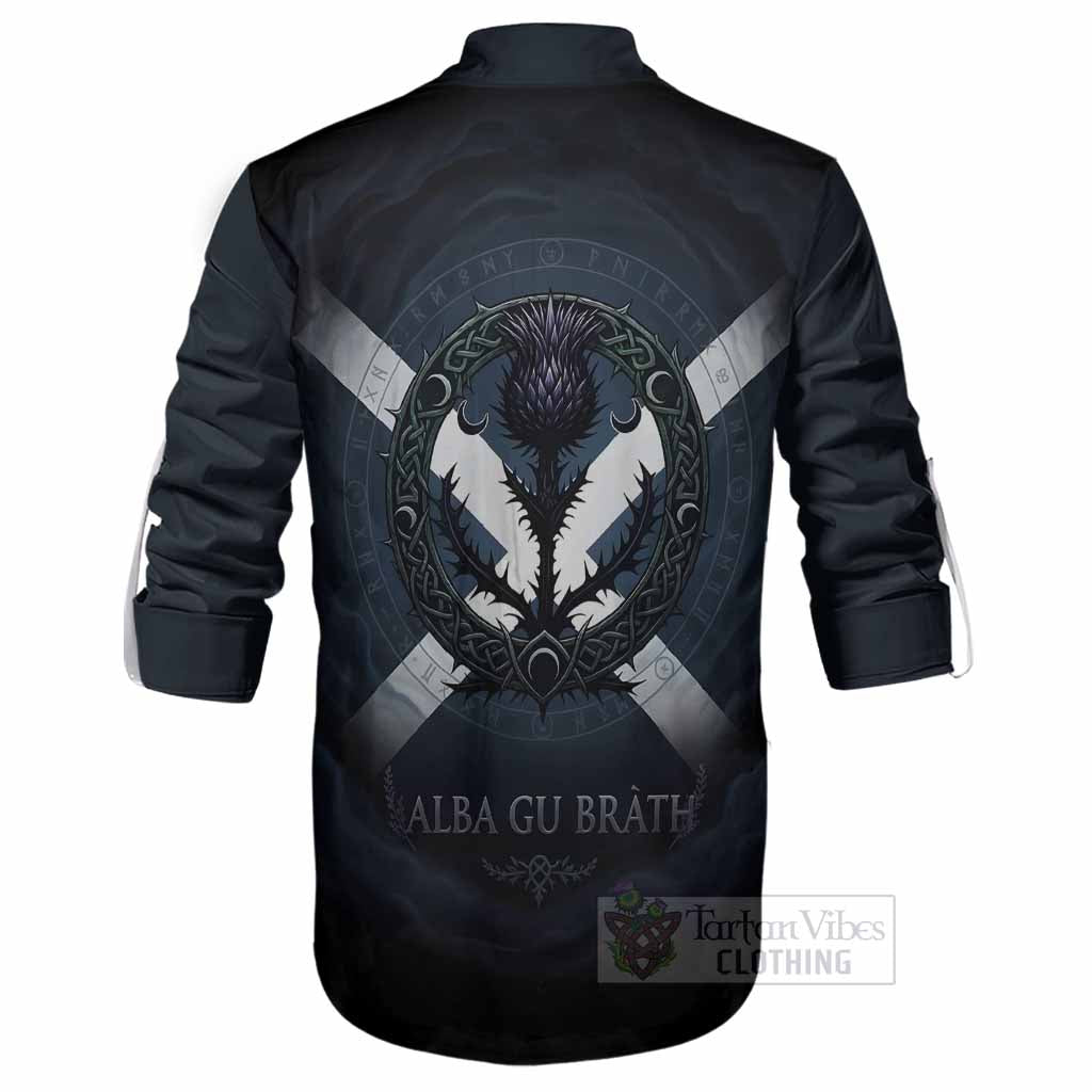 Kirkpatrick Clan Crest Ghillie Shirt with Celtic Knot Thistle and Saltire