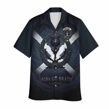 Kirkpatrick Clan Crest Hawaiian Shirt with Celtic Knot Thistle and Saltire