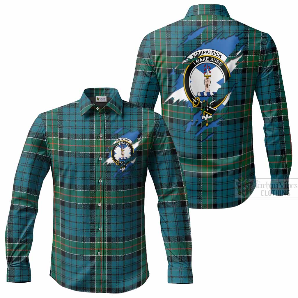 Kirkpatrick Clan Crest In Me Tartan Long Sleeve Button Shirts Scotland Flag Style