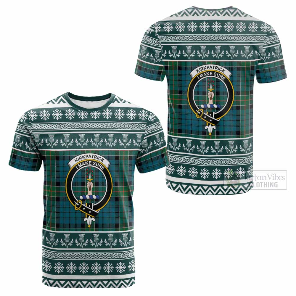 Kirkpatrick Clan Tartan Christmas Cotton T-shirt with Family Crest - Tartan Vibes Clothing