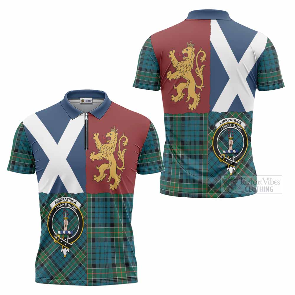 Kirkpatrick Crest Tartan Zipper Polo Shirt with Lion Rampant Saltire Style