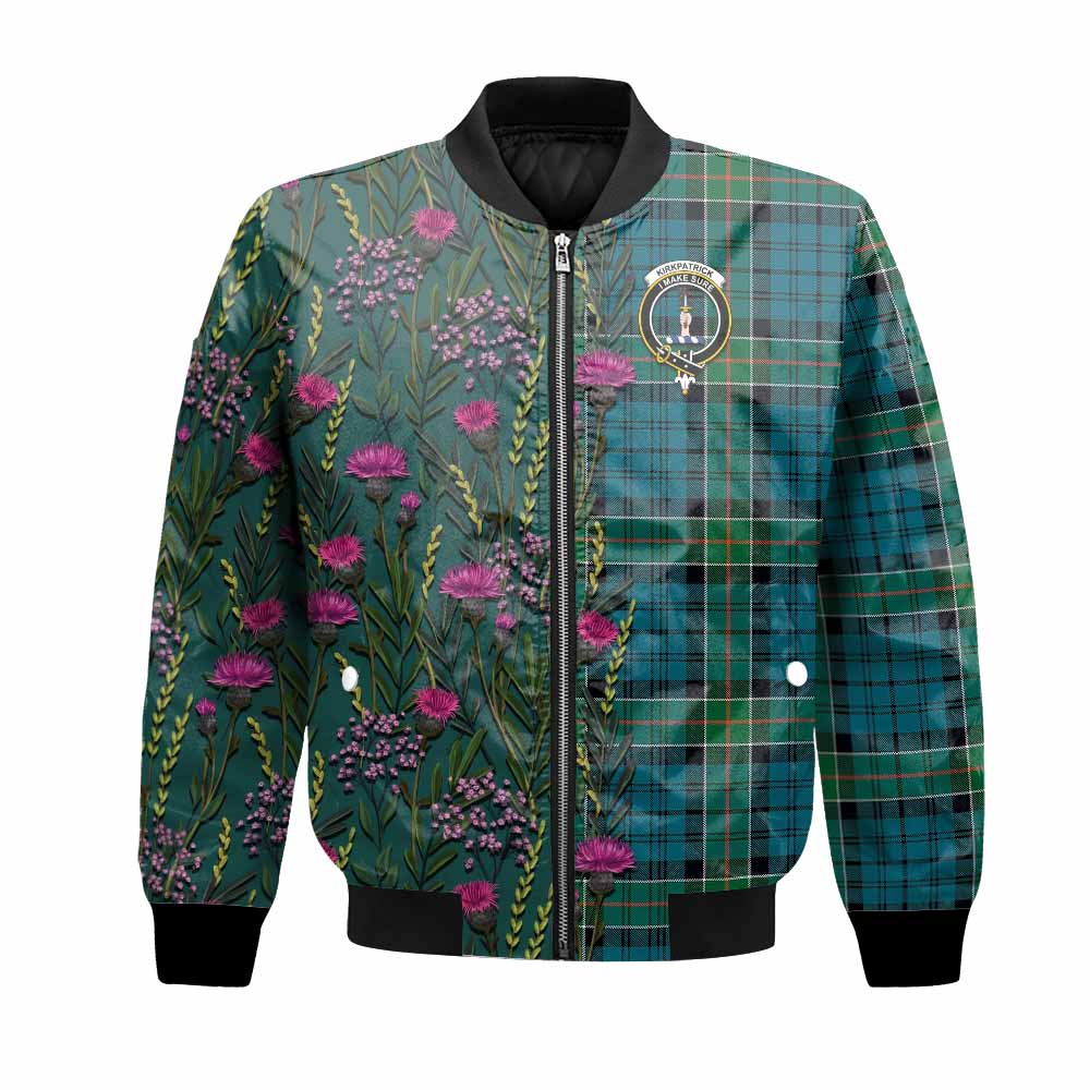 Kirkpatrick Family Crest Tartan Bomber Jacket Scottish Thistle Flower Pattern Half Style - Tartan Vibes Clothing