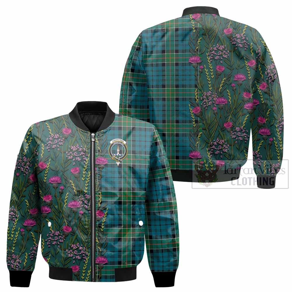 Kirkpatrick Family Crest Tartan Bomber Jacket Scottish Thistle Flower Pattern Half Style - Tartan Vibes Clothing