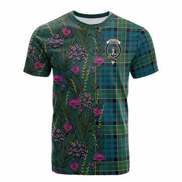 Kirkpatrick Family Crest Tartan Cotton T-shirt Scottish Thistle Flower Pattern Half Style