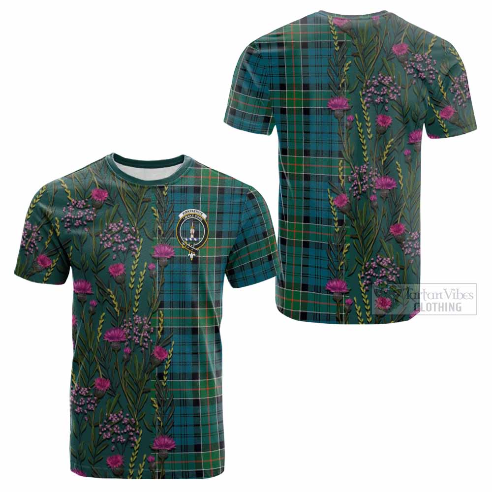 Kirkpatrick Family Crest Tartan Cotton T-shirt Scottish Thistle Flower Pattern Half Style - Tartan Vibes Clothing