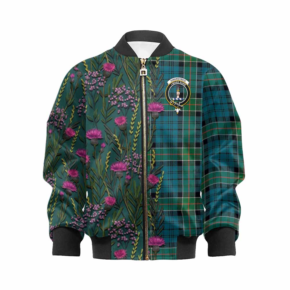 Kirkpatrick Family Crest Tartan Kid Bomber Jacket Scottish Thistle Flower Pattern Half Style - Tartan Vibes Clothing