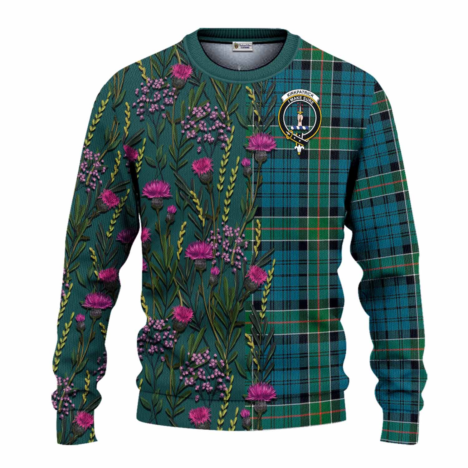 Kirkpatrick Family Crest Tartan Knitted Sweater Scottish Thistle Flower Pattern Half Style - Tartan Vibes Clothing