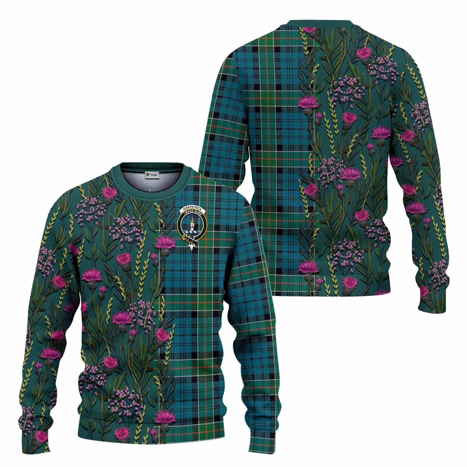 Kirkpatrick Family Crest Tartan Knitted Sweater Scottish Thistle Flower Pattern Half Style - Tartan Vibes Clothing