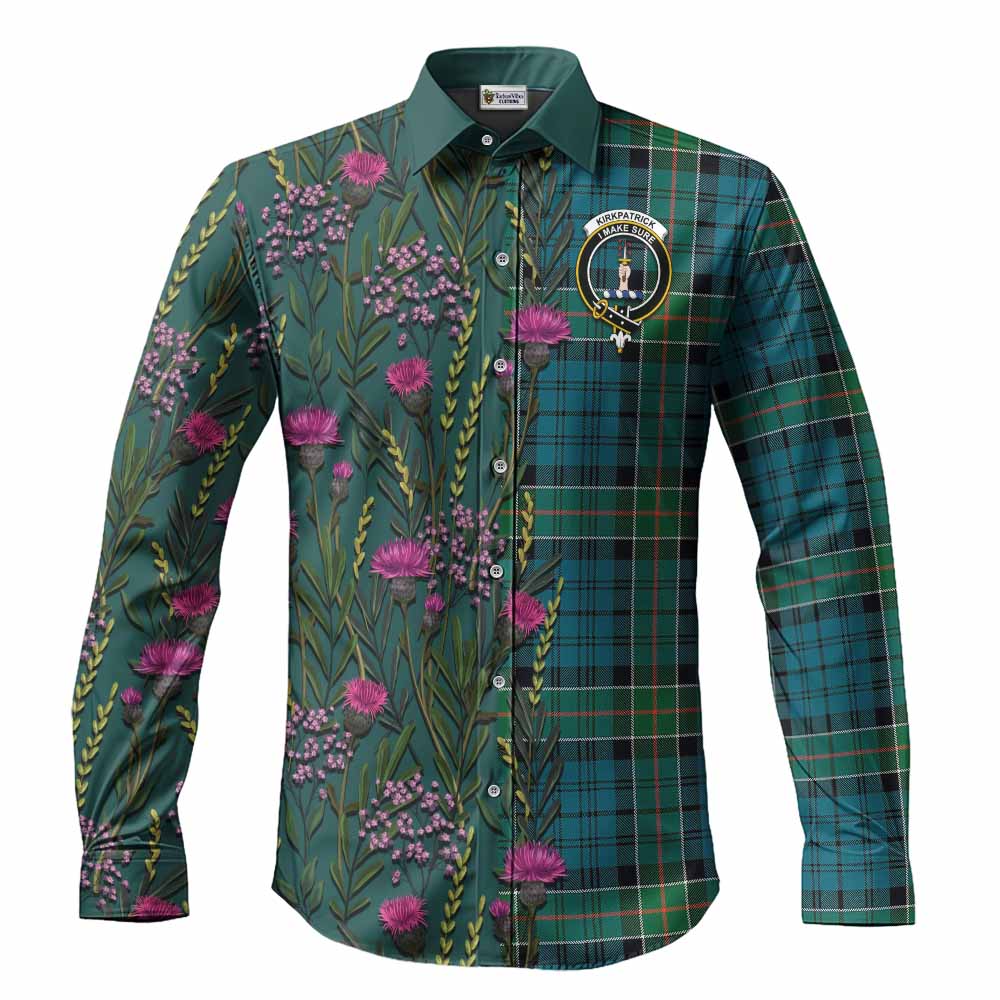 Kirkpatrick Family Crest Tartan Long Sleeve Button Shirts Scottish Thistle Flower Pattern Half Style - Tartan Vibes Clothing