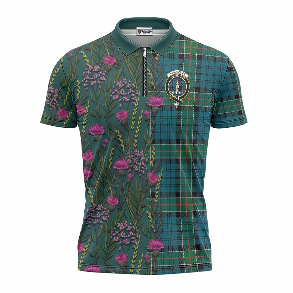 Kirkpatrick Family Crest Tartan Zipper Polo Shirt Scottish Thistle Flower Pattern Half Style - Tartan Vibes Clothing