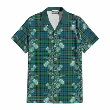 Kirkpatrick Tartan Cotton Hawaiian Shirt Seamless Scottish Thistle Flowers
