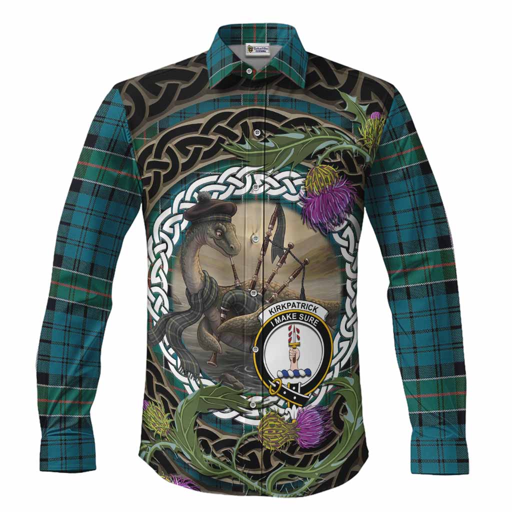 Kirkpatrick Tartan Crest Bagpipe Nessie Long Sleeve Button Shirts Scottish Loch Ness Monster Celtic Thistle