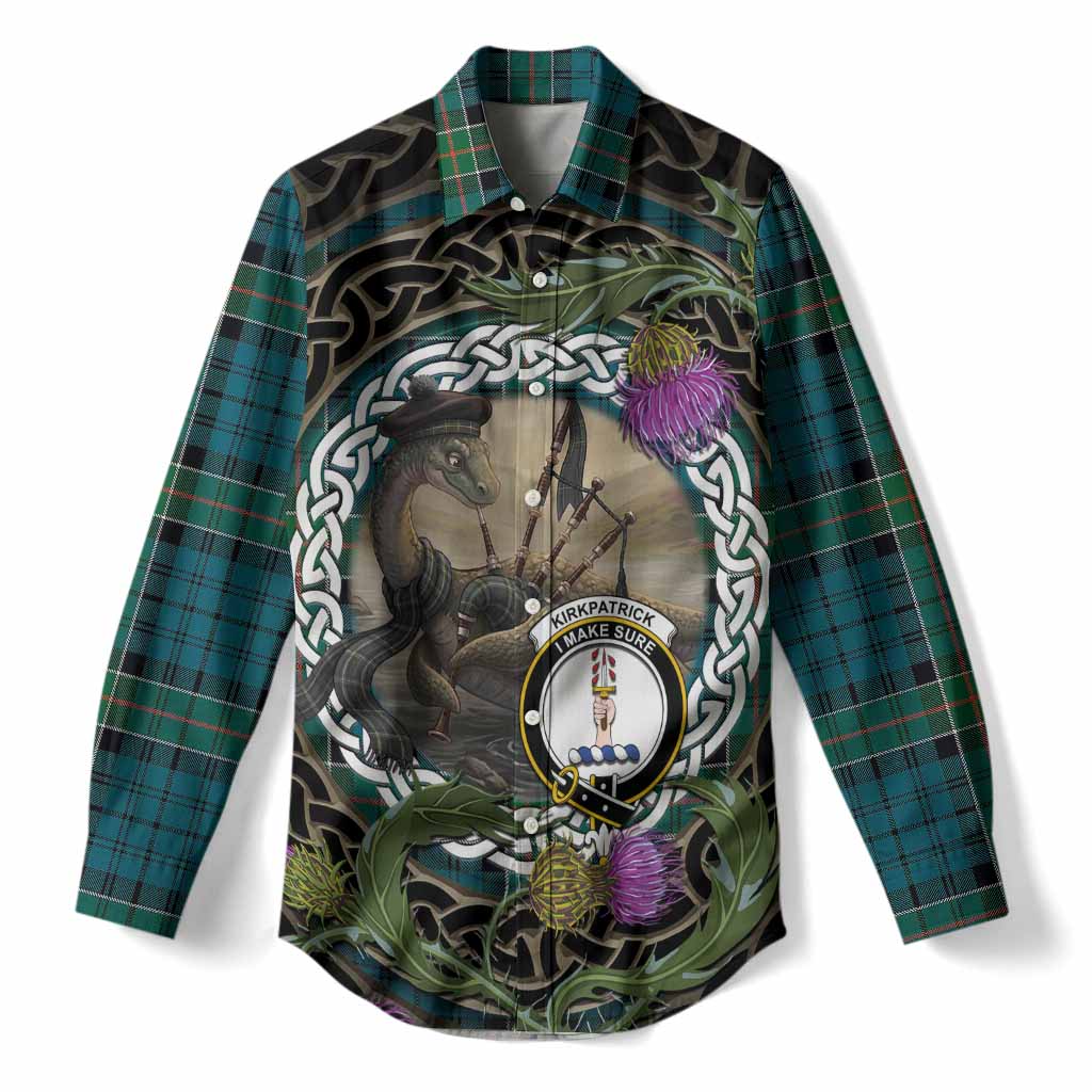 Kirkpatrick Tartan Crest Bagpipe Nessie Women Casual Shirt Scottish Loch Ness Monster Celtic Thistle