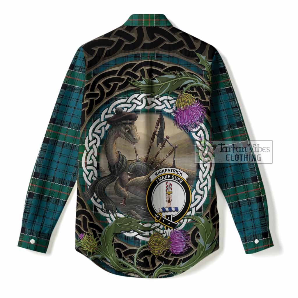 Kirkpatrick Tartan Crest Bagpipe Nessie Women Casual Shirt Scottish Loch Ness Monster Celtic Thistle
