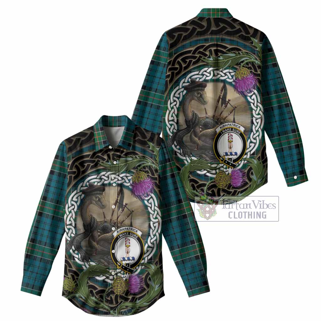 Kirkpatrick Tartan Crest Bagpipe Nessie Women Casual Shirt Scottish Loch Ness Monster Celtic Thistle
