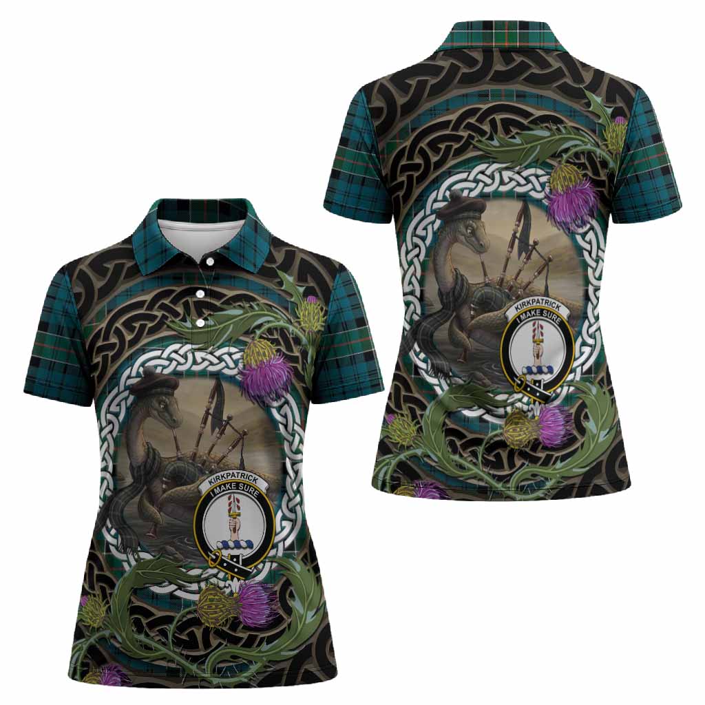Kirkpatrick Tartan Crest Bagpipe Nessie Women Polo Shirt Scottish Loch Ness Monster Celtic Thistle