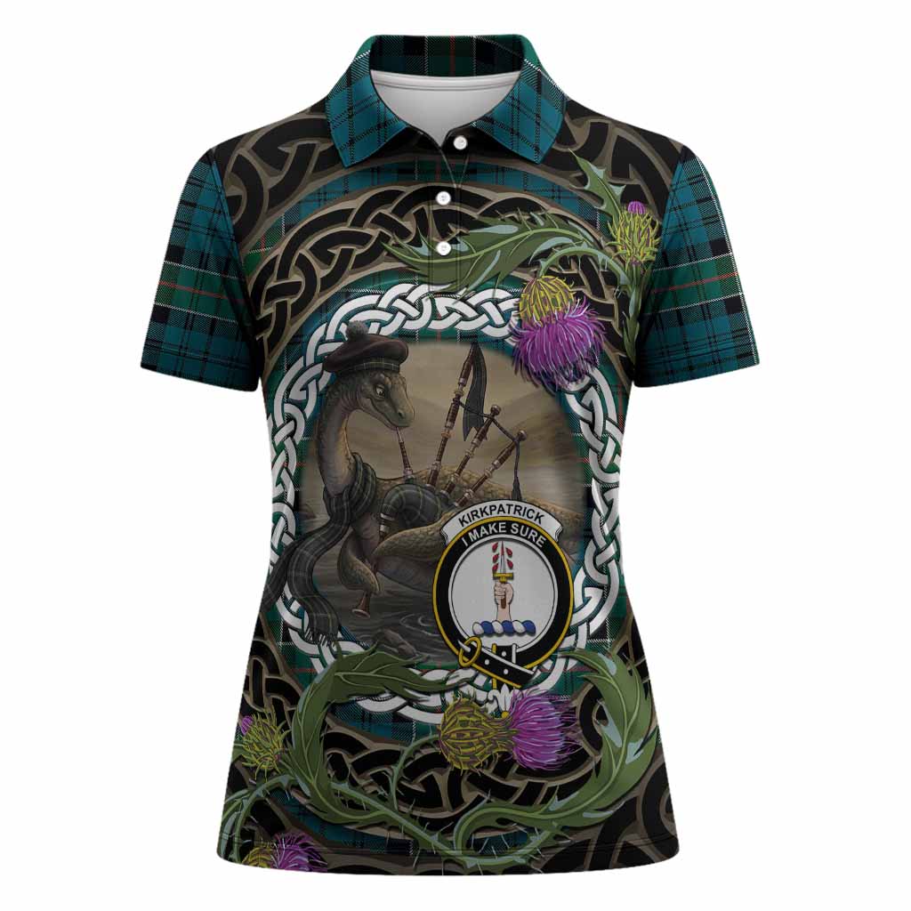 Kirkpatrick Tartan Crest Bagpipe Nessie Women Polo Shirt Scottish Loch Ness Monster Celtic Thistle