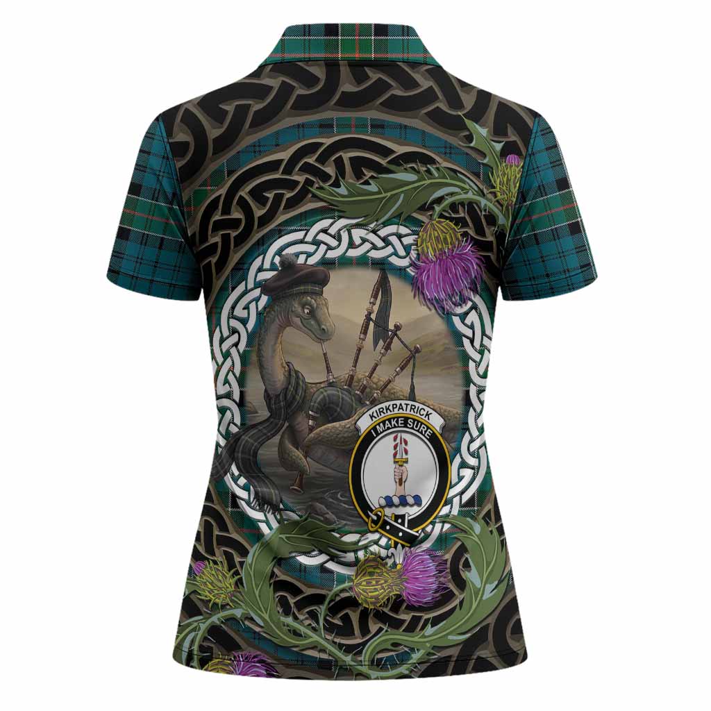 Kirkpatrick Tartan Crest Bagpipe Nessie Women Polo Shirt Scottish Loch Ness Monster Celtic Thistle