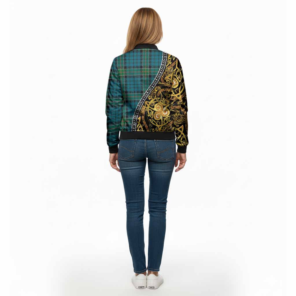 Kirkpatrick Tartan Crest Bomber Jacket Celtic Knot and Triple Trickle Spiral Symbols