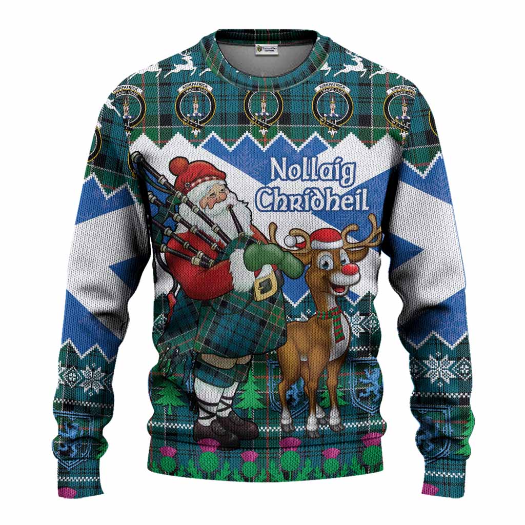 Kirkpatrick Tartan Crest Christmas Christmas Ugly Sweater Scotland Santa With Bagpipes Cute Reindeer