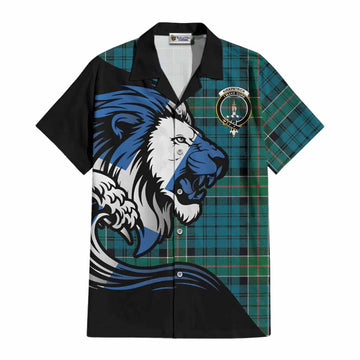 Kirkpatrick Tartan Crest Cotton Hawaiian Shirt Scottish Golden Lions Wave Flow