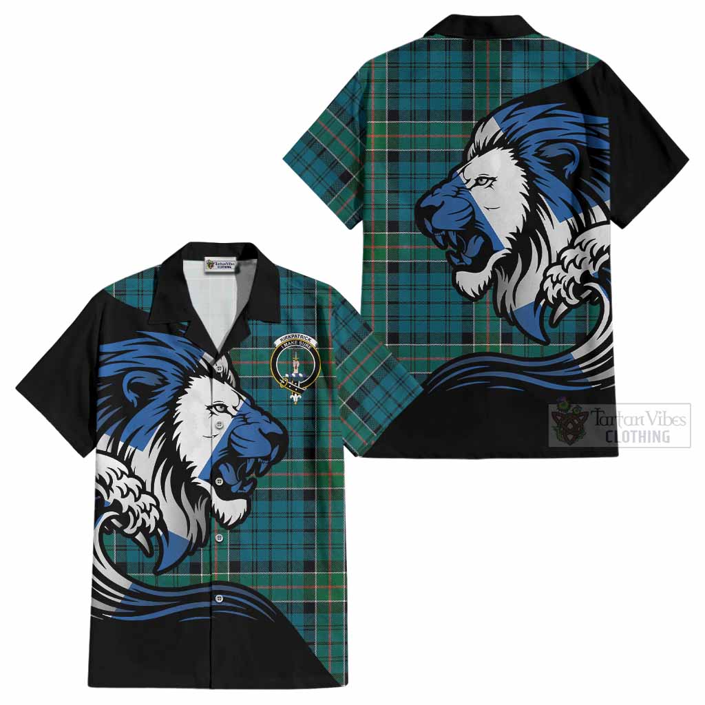 Kirkpatrick Tartan Crest Cotton Hawaiian Shirt Scottish Golden Lions Wave Flow