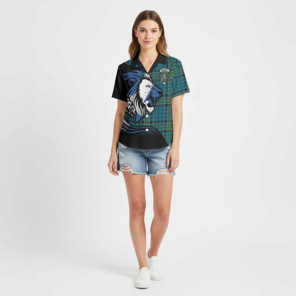 Kirkpatrick Tartan Crest Cotton Hawaiian Shirt Scottish Golden Lions Wave Flow