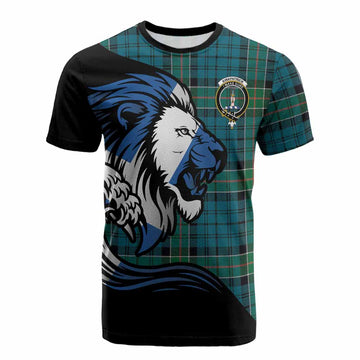 Kirkpatrick Tartan Crest Cotton T-shirt Scottish Golden Lions Wave Flow