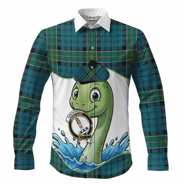 Kirkpatrick Tartan Crest Cute Nessie Long Sleeve Button Shirts Scottish Loch Ness Monster