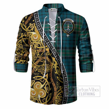 Kirkpatrick Tartan Crest Ghillie Shirt Celtic Knot and Triple Trickle Spiral Symbols