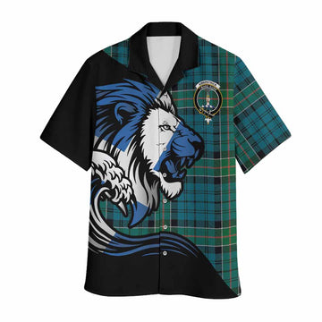 Kirkpatrick Tartan Crest Hawaiian Shirt Scottish Golden Lions Wave Flow