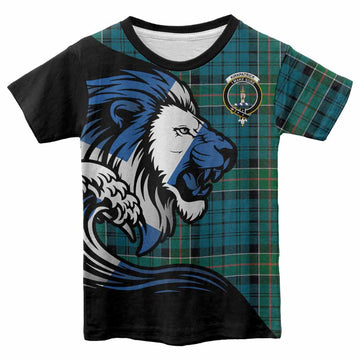 Kirkpatrick Tartan Crest Kid T-shirt Scottish Golden Lions Wave Flow