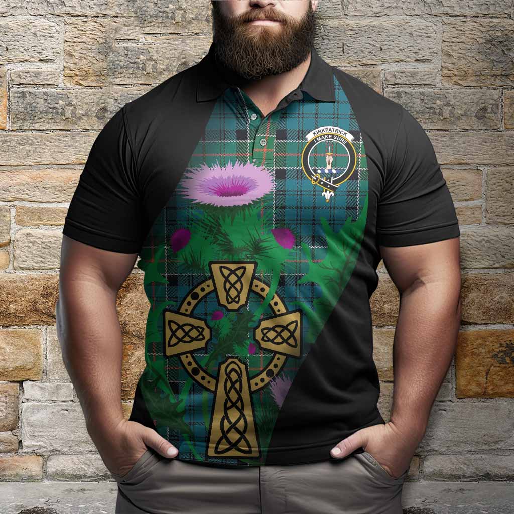 Kirkpatrick Tartan Crest Polo Shirt Celtic Cross Thistle Flowers
