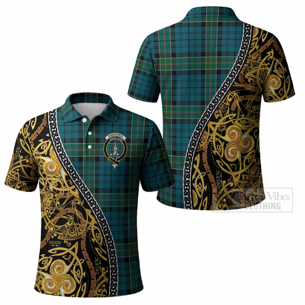 Kirkpatrick Tartan Crest Polo Shirt Celtic Knot and Triple Trickle Spiral Symbols