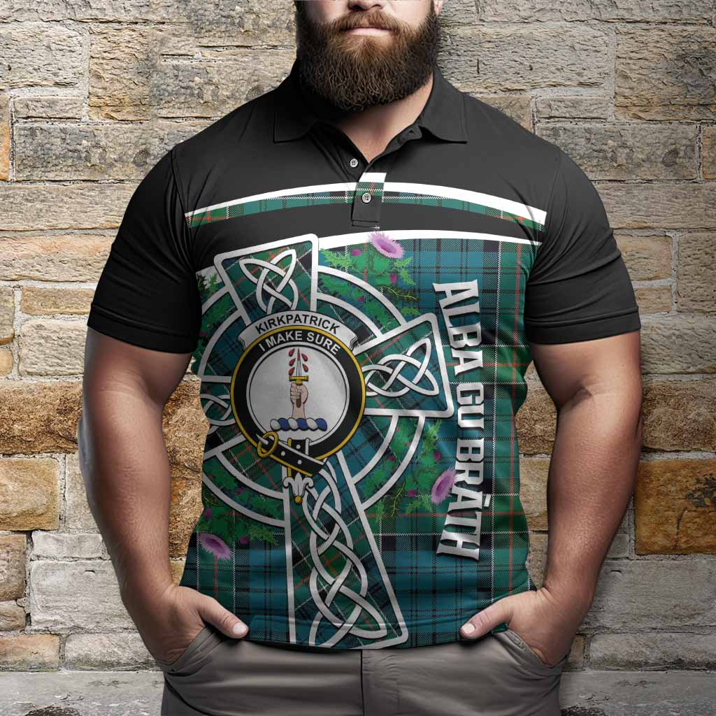 Kirkpatrick Tartan Crest Polo Shirt Scottish Thistle Celtic Cross Alba Gu Brath