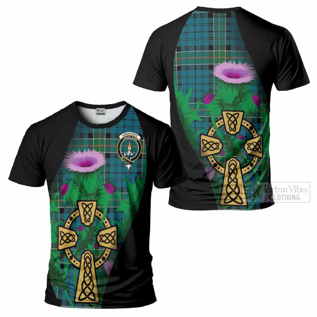 Kirkpatrick Tartan Crest T-Shirt Celtic Cross Thistle Flowers