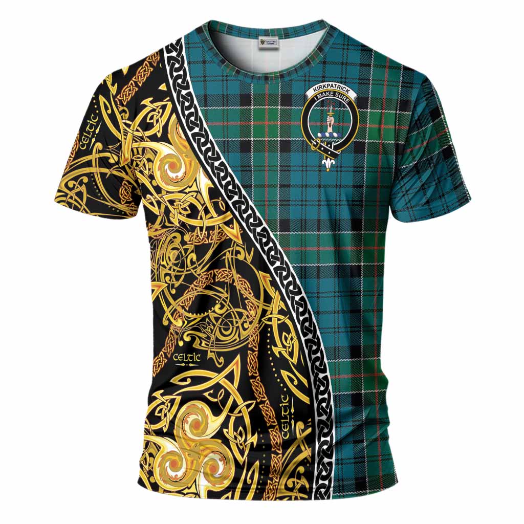 Kirkpatrick Tartan Crest T-Shirt Celtic Knot and Triple Trickle Spiral Symbols