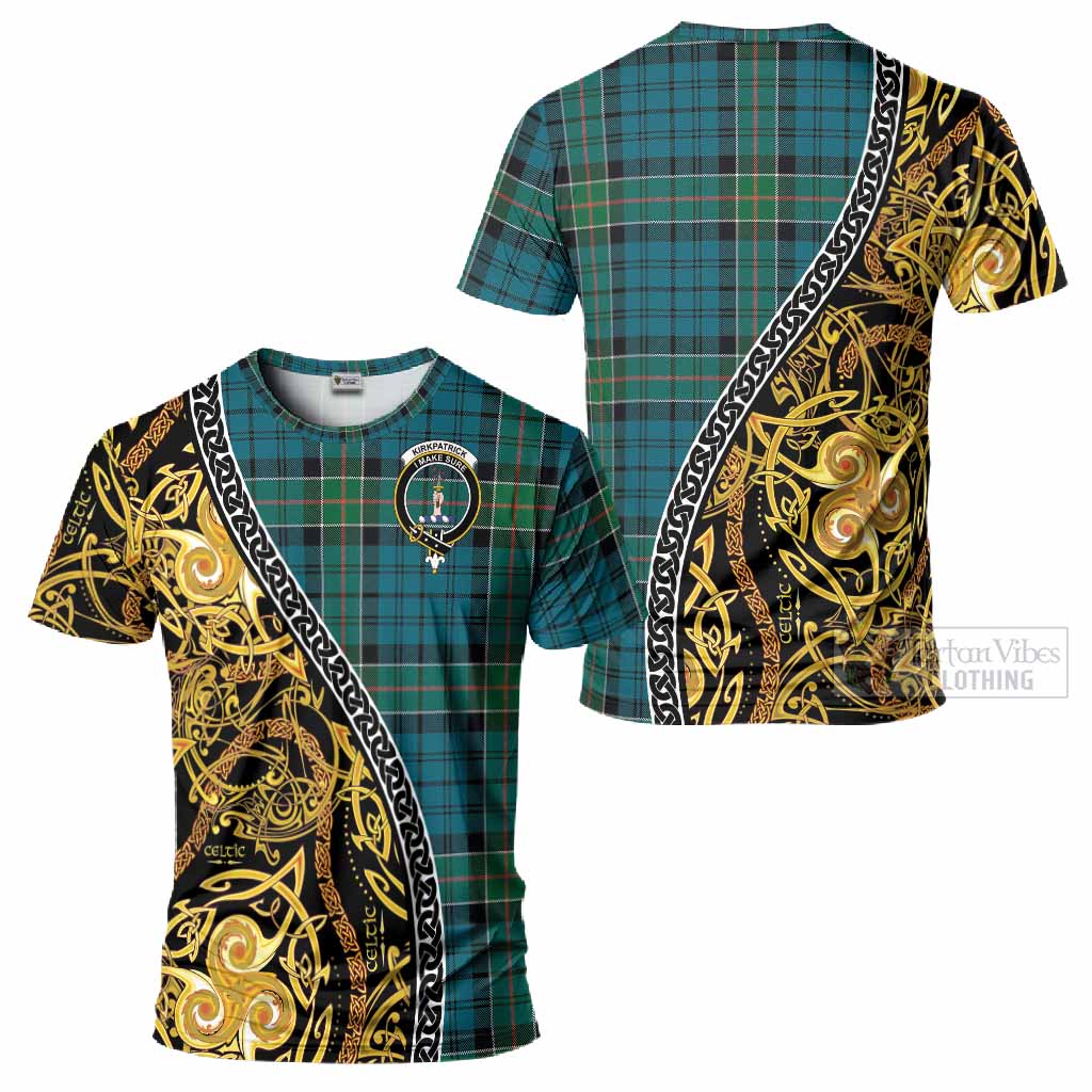 Kirkpatrick Tartan Crest T-Shirt Celtic Knot and Triple Trickle Spiral Symbols