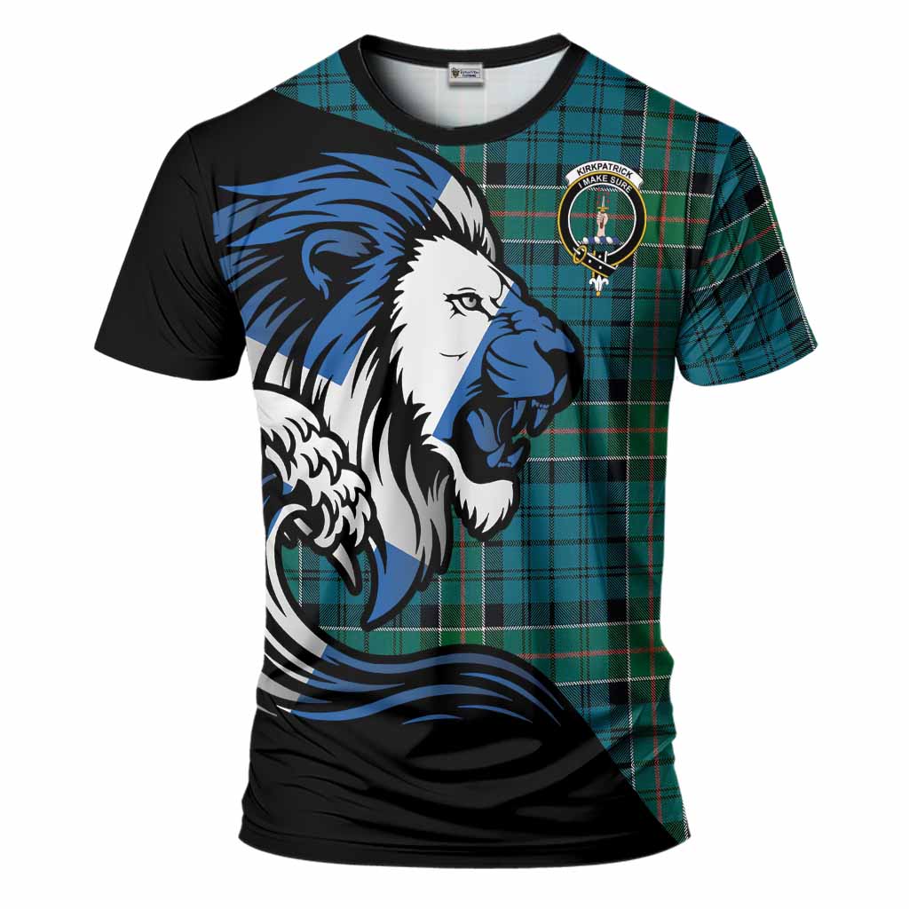 Kirkpatrick Tartan Crest T-Shirt Scottish Golden Lions Wave Flow