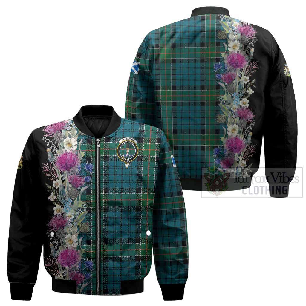 Kirkpatrick Tartan Crest Thistle Floral Bomber Jacket - Tartan Vibes Clothing