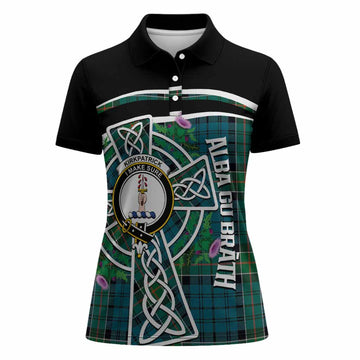 Kirkpatrick Tartan Crest Women Polo Shirt Scottish Thistle Celtic Cross Alba Gu Brath