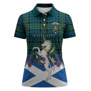 Kirkpatrick Tartan Crest Women Polo Shirt Scottish Unicorn With Thistle