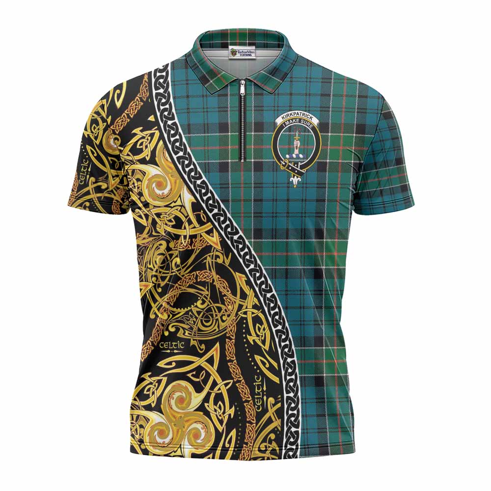 Kirkpatrick Tartan Crest Zipper Polo Shirt Celtic Knot and Triple Trickle Spiral Symbols
